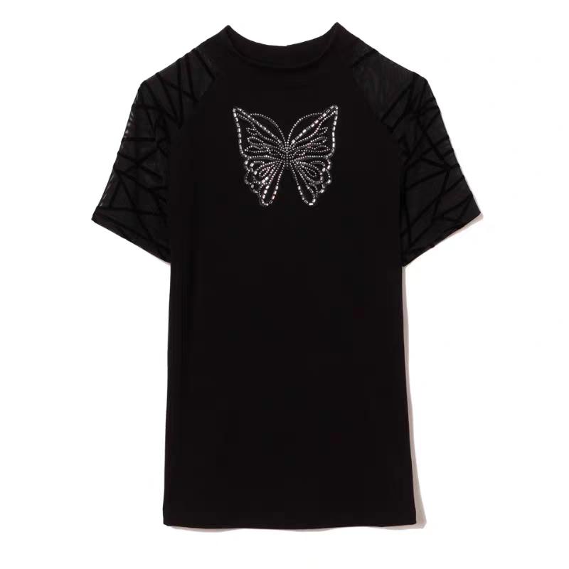 Summer Short Sleeve Women Black Tees Butterfly Hot Diamonds Designer T-Shirt Sexy Ladies Casual Mesh Tops Blusas