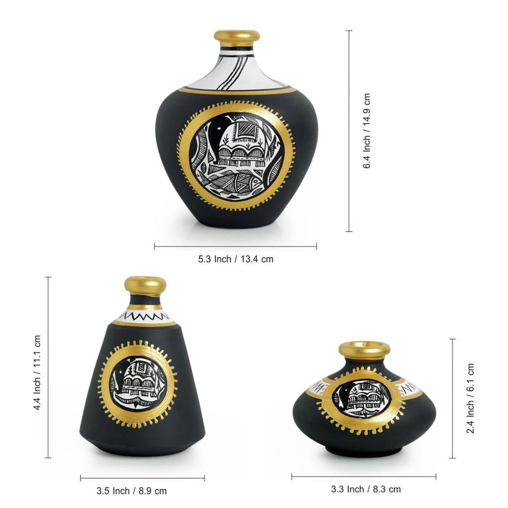 Terracotta Pots Flower Vases for Living Room Terracotta Decorative for Home & Decorative Vase for Home Decor ( Jet Black, Golden & White)