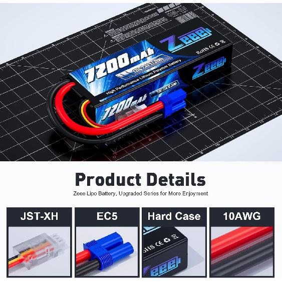 Zeee 2S Lipo Battery 7200mAh 7.4V 120C Hard Case RC Battery with EC5 Connector for RC Car Truck RC Vehicles Truggy Buggy Tank Helicopter Airplane