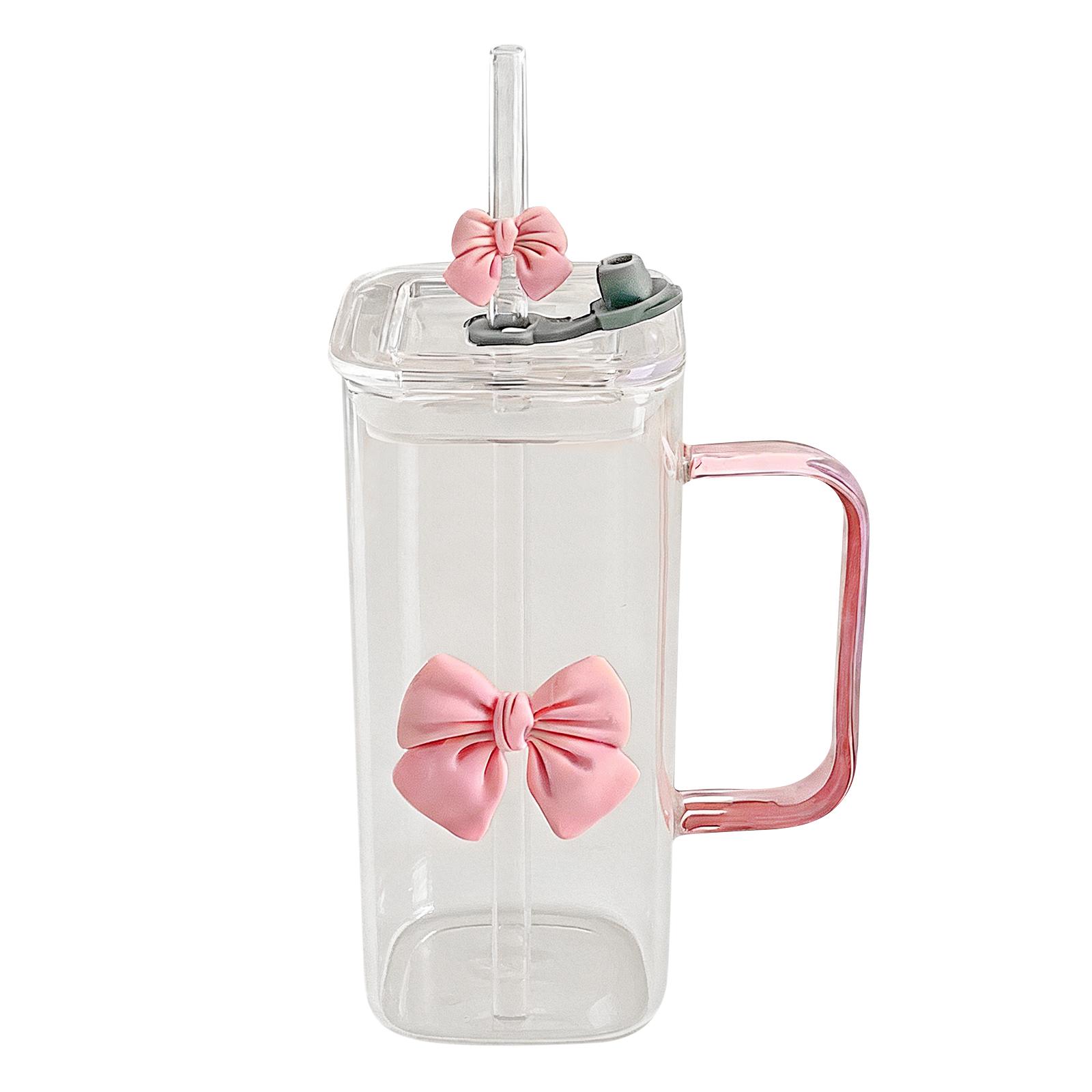 

Double Bowknot Square Glass Water Cup, High Quality Heat Resistant New Model With Straw And Handle, Tea Cup One Size