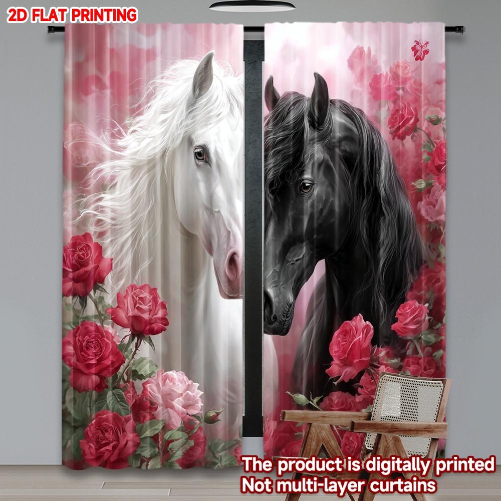 

2D flat printing 2pcs Happy Valentine s Day Curtain Valentine s Day Black and White Horse Flower Multicolor Digital Printed 100*130 Grommet Top 1pcs