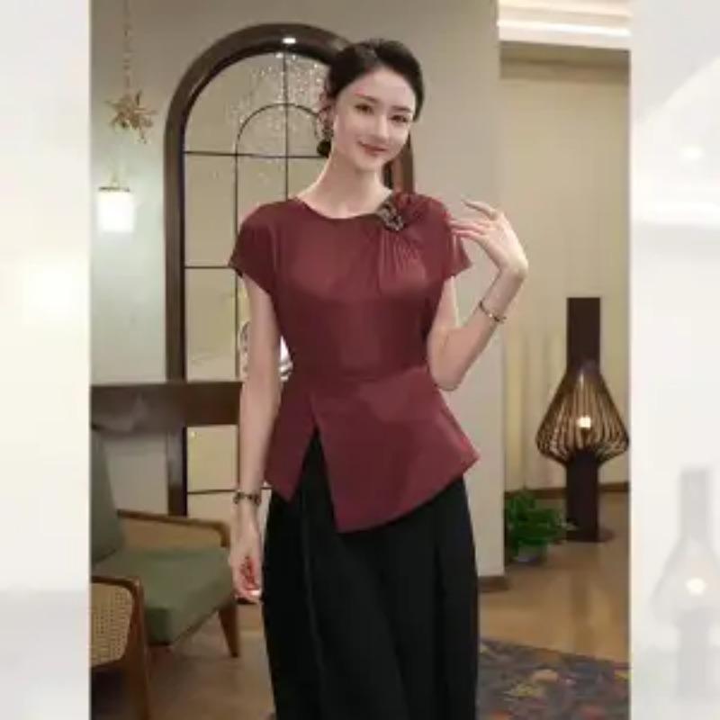 Fashionable Patchwork Round Neck Short Sleeved T-shirt Versatile Temperament Top