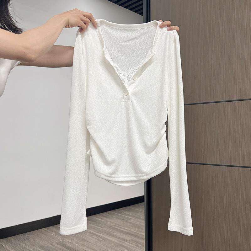 White lace pleated sunscreen blouse long sleeve women s summer new slim button design top S белый