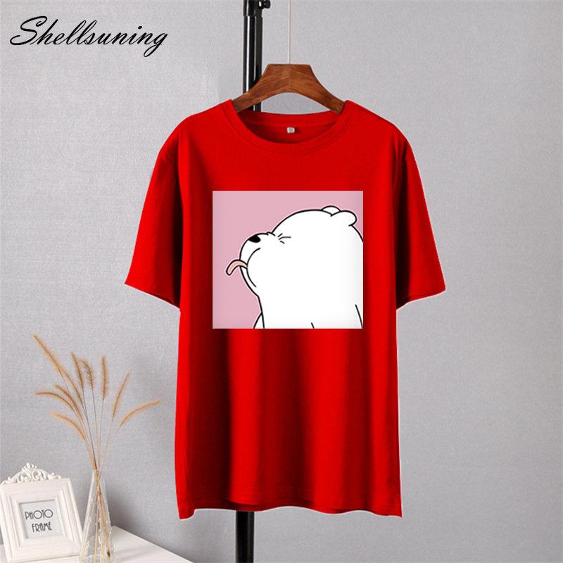 Shellsuning Summer Cute Printed Cotton T Shirt Women Loose Short Sleeve Trend Tees Female Casual Streetwear All-match Basic Tops