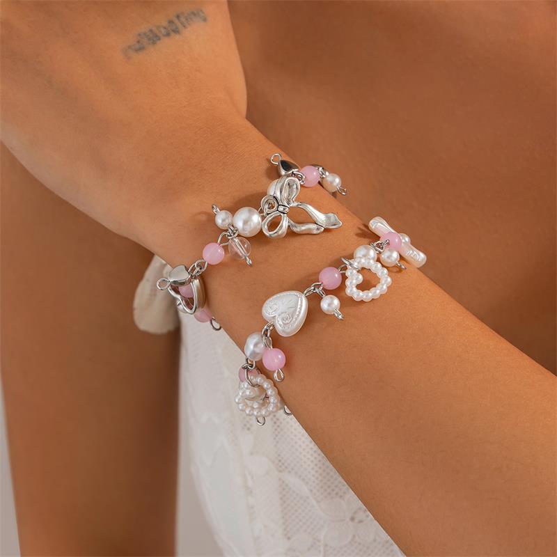 1/2 Pcs Bow Love Pendant Imitation Pearl Beaded Bracelet  Trendy Women Bracelet Girly Sweet Y2K Jewelry Accessories Gifts