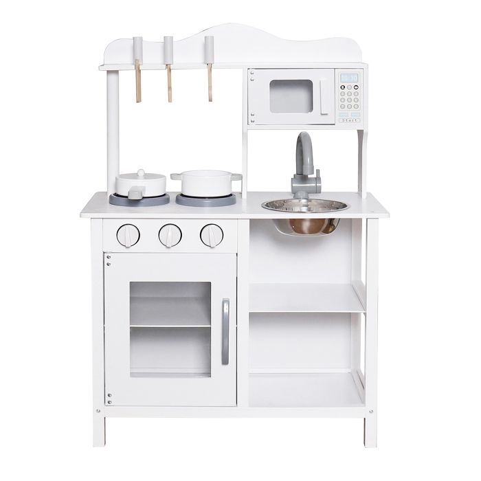 GINGER HOME – Wooden Play Kitchen for Children with Accessories, Doors and Buttons, White, 58.5×29.5×85 Cm