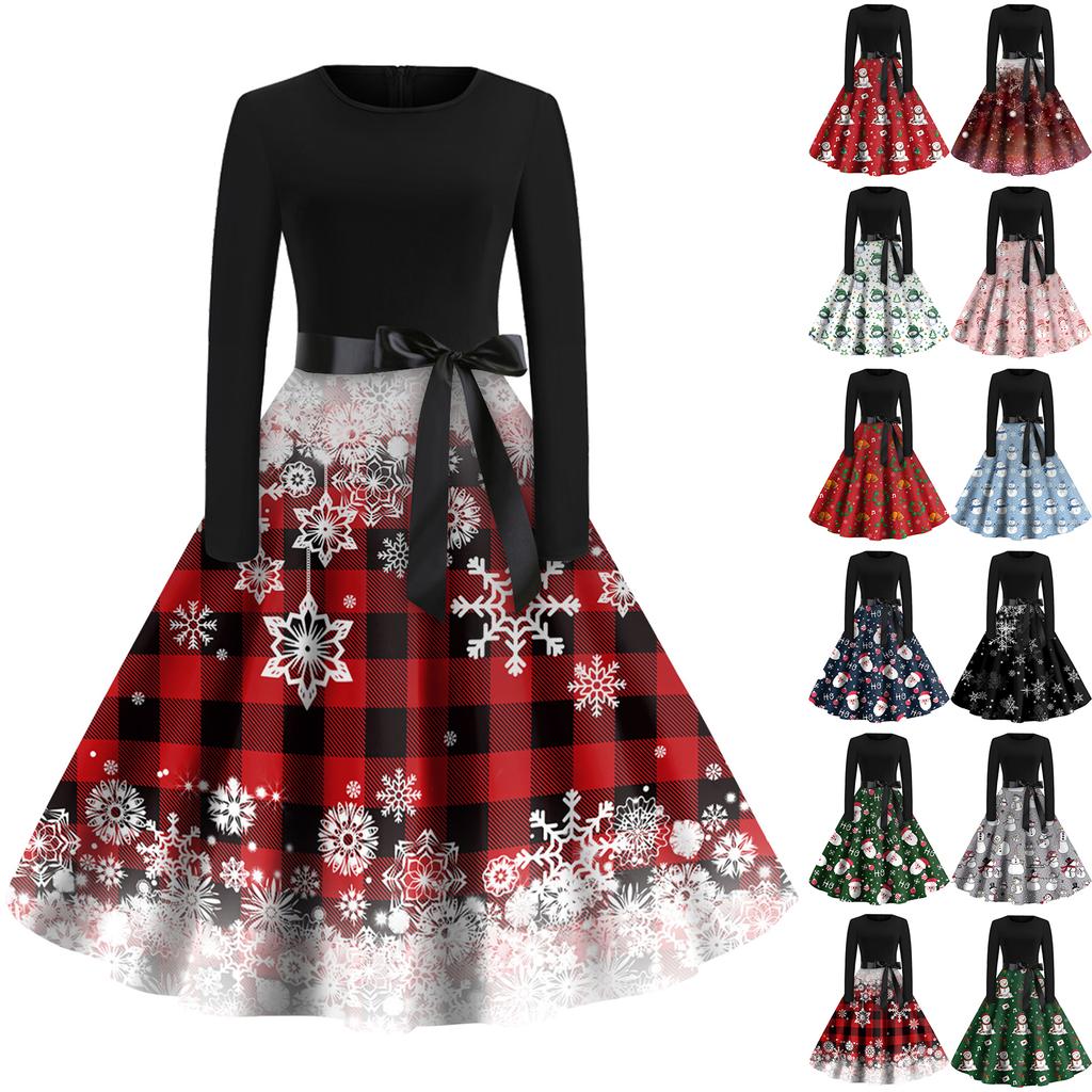 Christmas Print Flare Dress For Women Long Sleeve Dress Hollow Party Casual Dresses