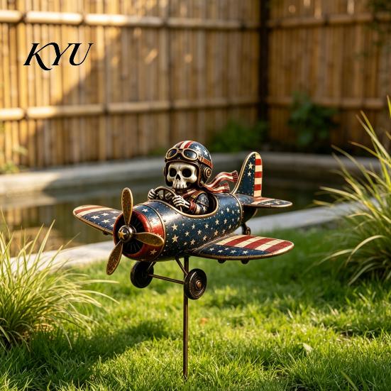 Unique Cemetery Decoration Metal Skeleton Pilot Airplane Wind Spinner with Ground Stake, Vintage American Flag Garden Halloween Stake Yard Rustic Iron