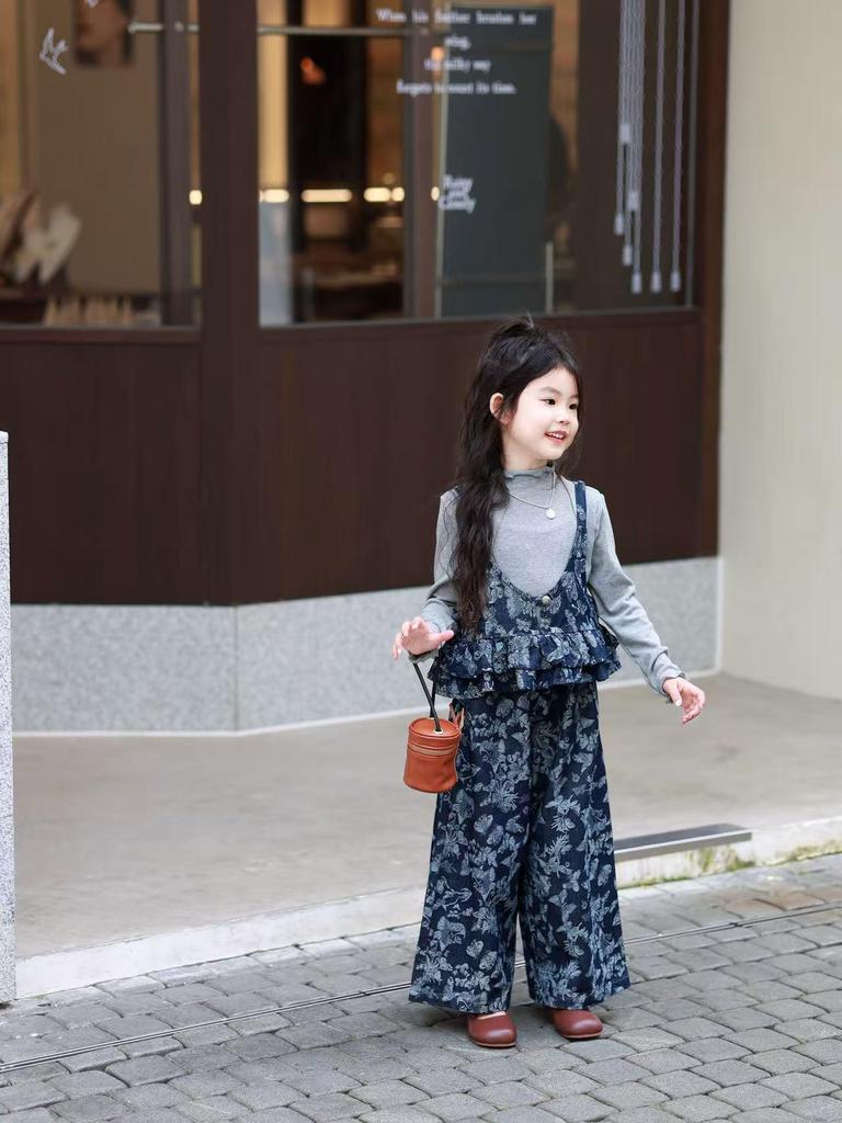 Libala Kids Girls' Autumn Floral Denim Camisole Top & Wide-Leg Pants Set