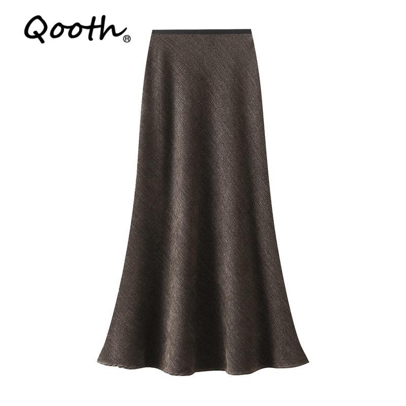 Qooth Mermaid Pencil Skirt Elastic Waist A Line Mid Length Skirt with Decorative Metal Buttons QT2759