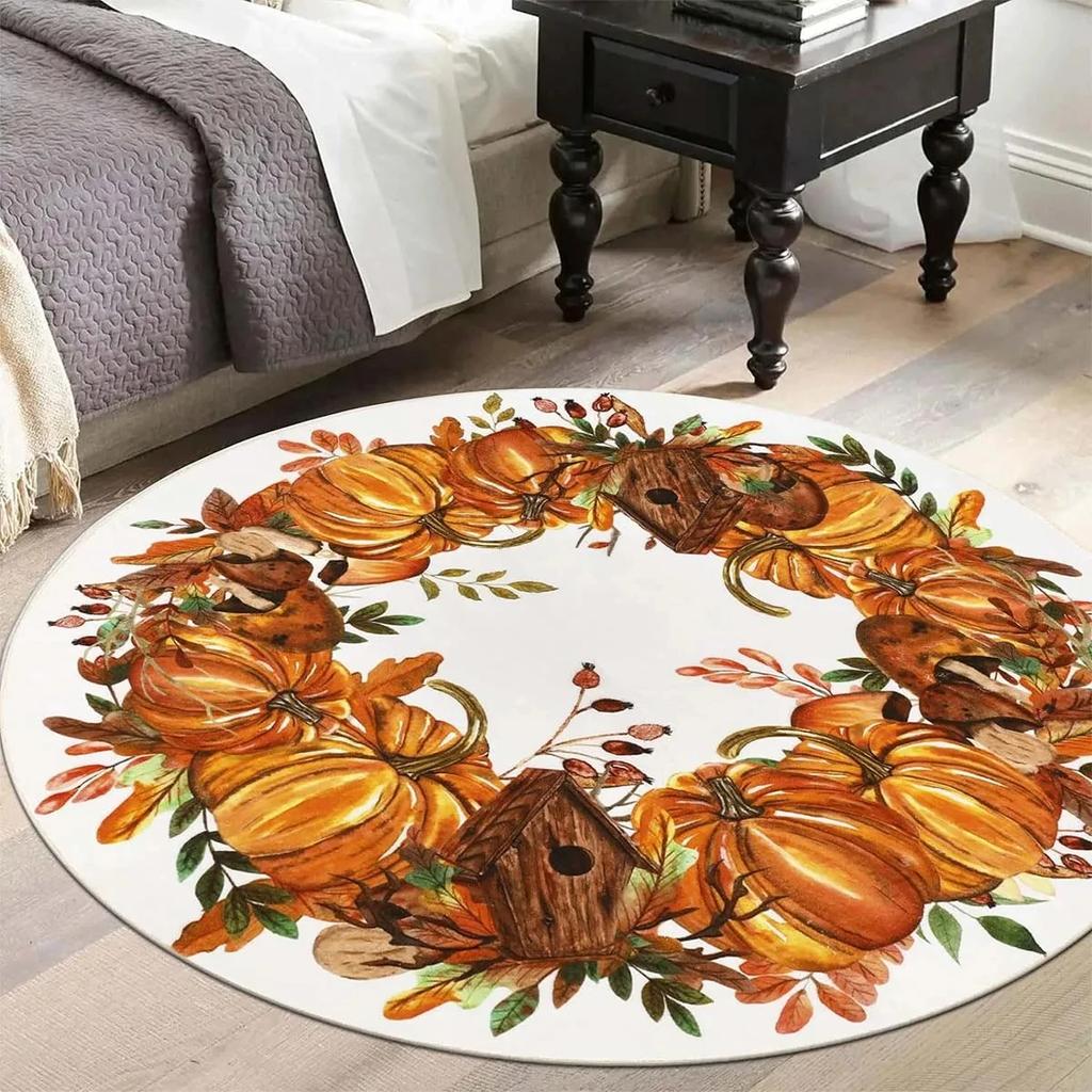 Fall Pumpkin Round Rug for Bedroom Thanksgiving Decor Circle Non Slip Carpet Maple Leaves Floor Mat for Bath Living Room Kitchen