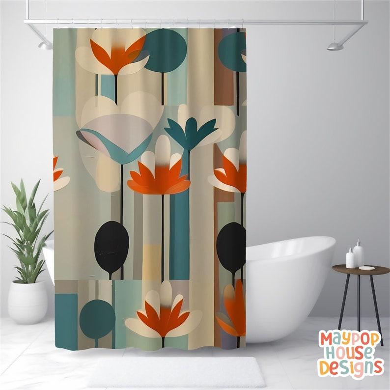 Retro Mid Century Modern Shower Curtain, Orange Teal Beige Bathroom Decor, Atomic Era Bathroom Curtain W90xH180cm