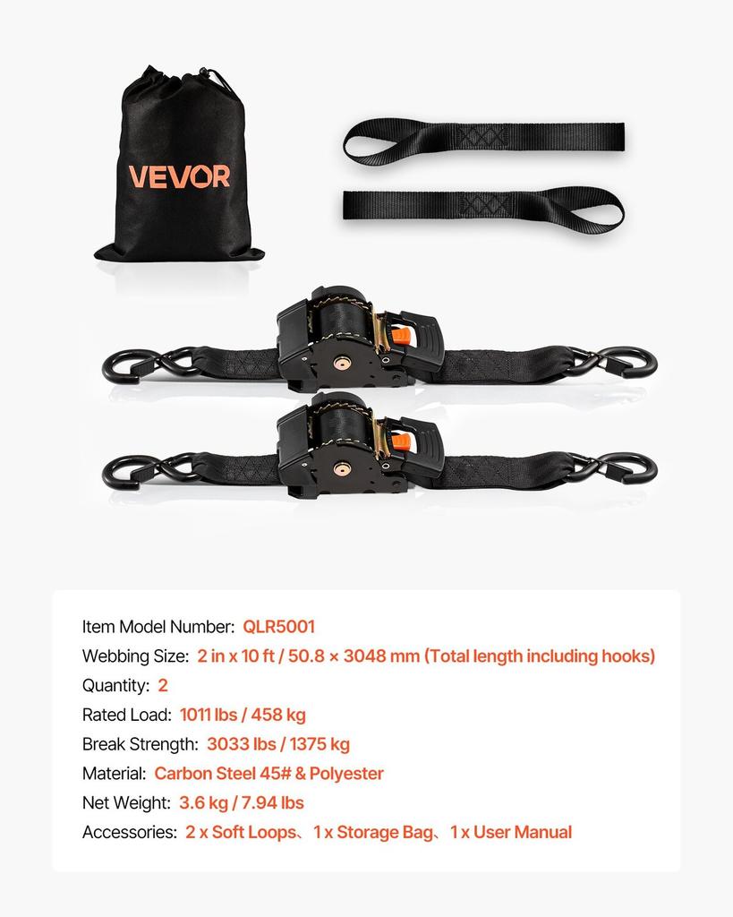 Retractable Ratchet Straps, 50.8 mm x 3 m, Tie Down Straps with S Hooks, 1375 kg Break Strength, 2 Soft Loops, Tie Down Ratcheting for Moving,
