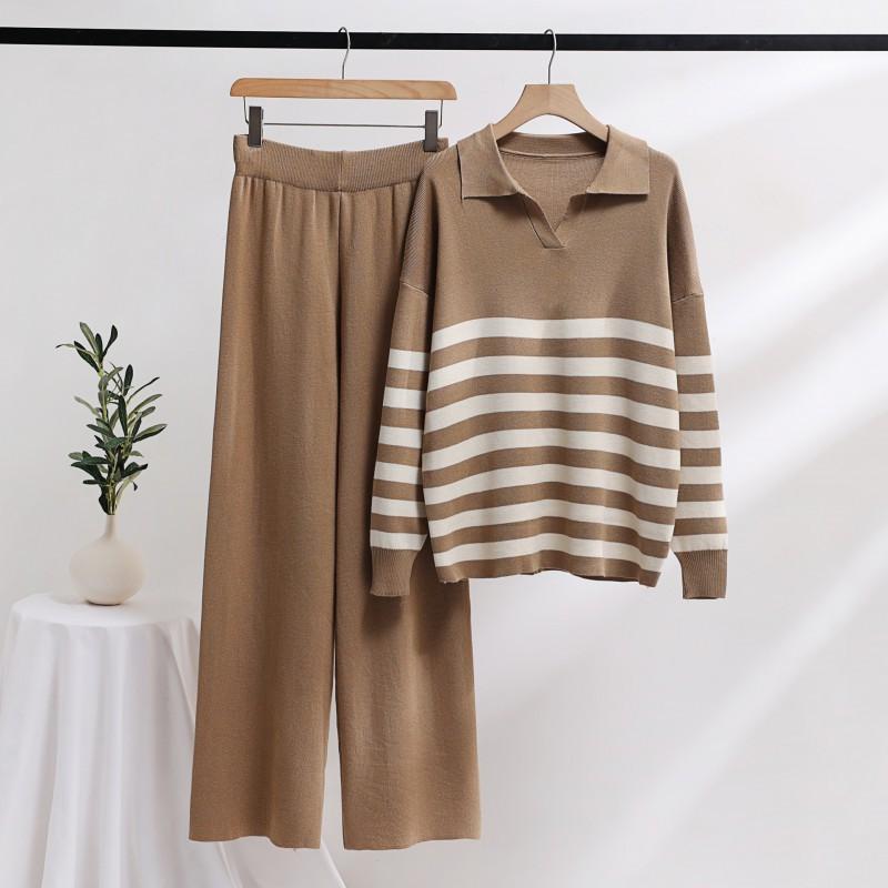 Knitted Suit POLO Neck Striped Sweater Loose Casual Fashion Two-piece Women s Dress one size