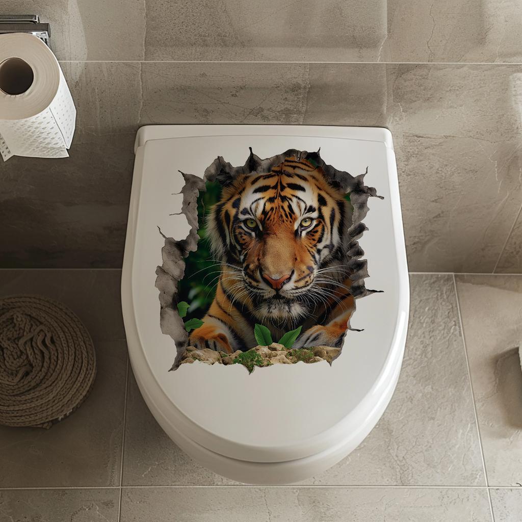 Fierce 3D Breaking Wall Tiger Toilet Stickers, Waterproof Removable Self-Adhesive Bathroom Decals