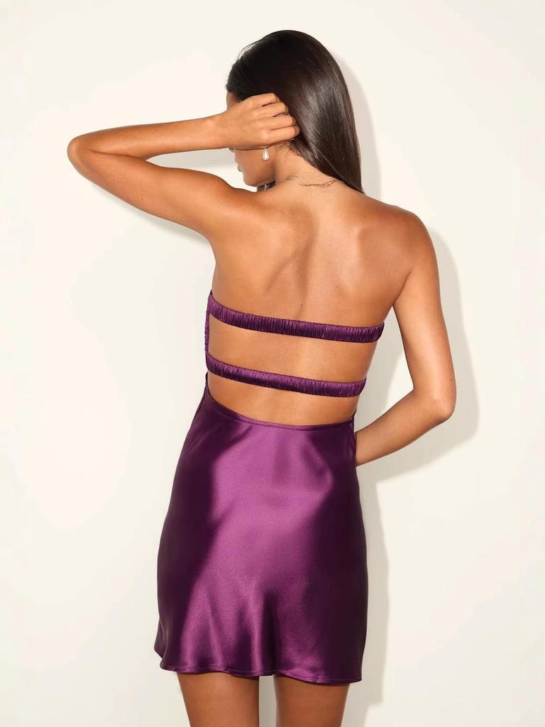 Elegant European Satin Evening Gown: Slim-Fit Bandeau Dress for Romantic Dates