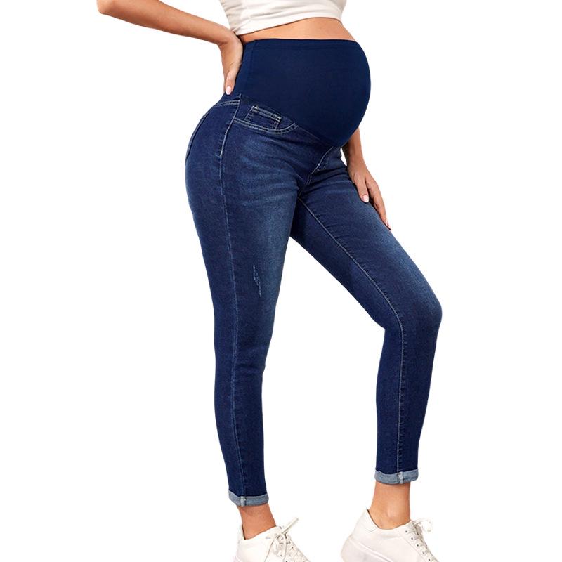 Jeans Skinny Premaman a Vita Alta - Autunno/Inverno, Supporto per la Pancia, Vestibilità Comoda, Modellante, Lunghezza Nove Punti, Apertura della Gamba Stretta