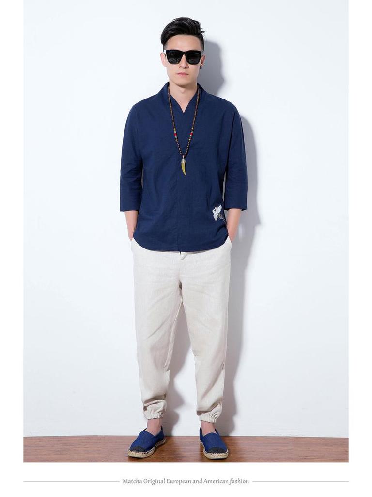 Men's Chinese Cotton-Linen V-Neck Retro Hanfu T-Shirt, Summer Three-Quarter Sleeve, Loose Plus Size