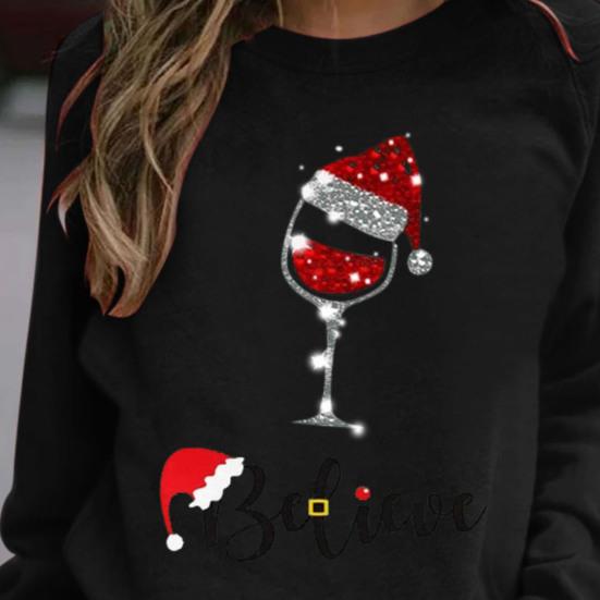 Sweatshirt Jumper Loose Fit Thick Autumn Winter Shiny Wine Cup Print Christmas Sweatshirt for Home
