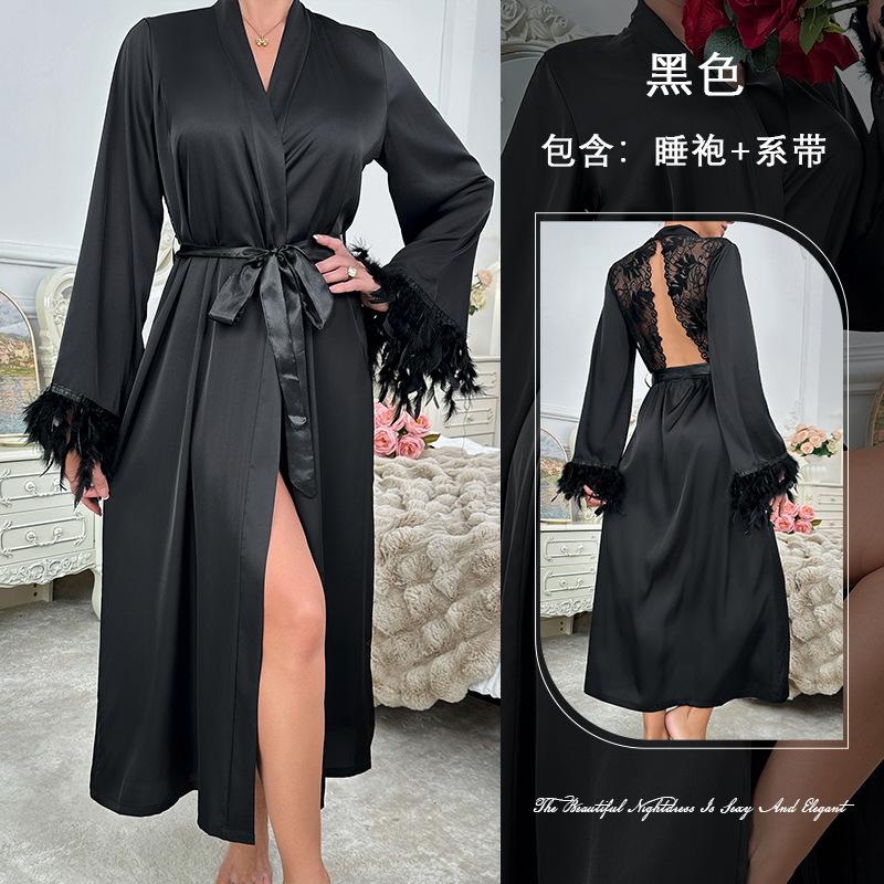 Light luxury Mao Mao decorative loose satin nightgown long lace-up V-neck bathrobe women's homewear 809