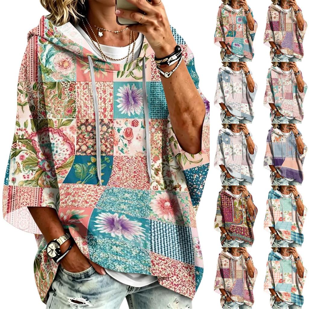 Women's Three-Quarter Sleeve Hooded Pullover Top with Patchwork Print for Casual Wear