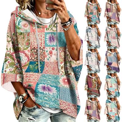 Damen Pullover mit Kapuze und Dreiviertelärmel mit Patchwork-Print für Freizeitkleidung