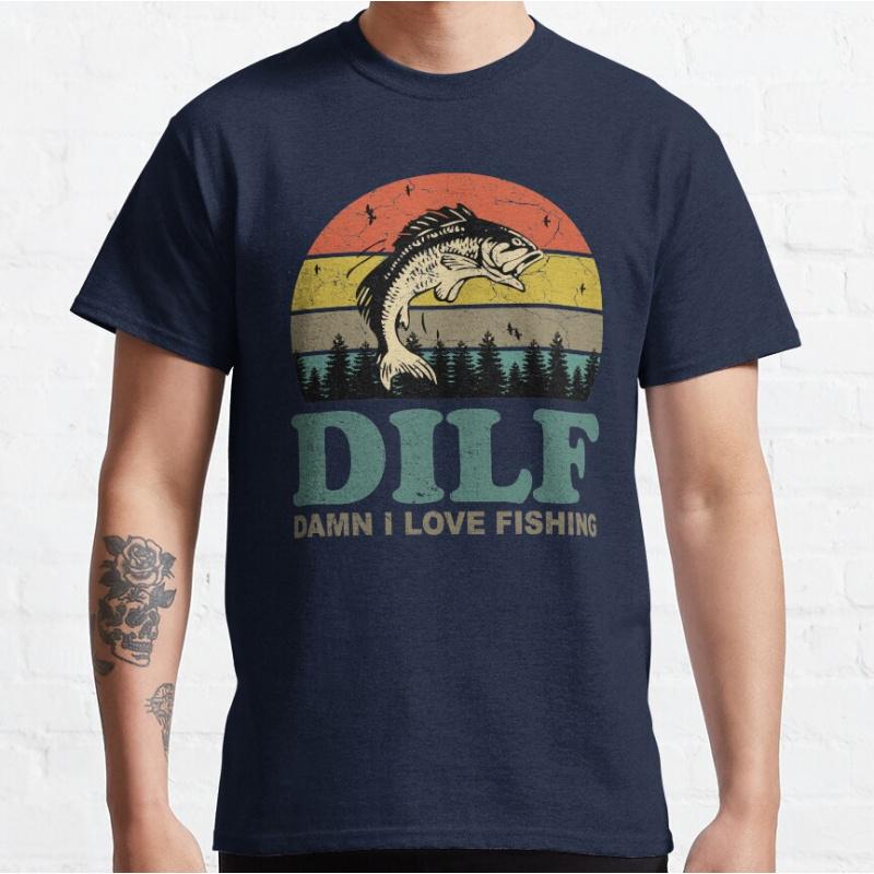 DILF Damn I Love Fishing Retro Vintage Sunset Funny Fishing Gift fishing humor Graphic T Shirts for fisherman large size