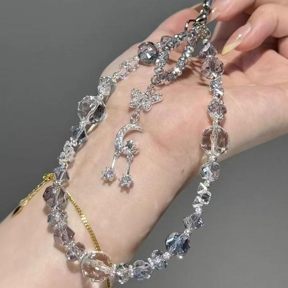 Ice Transparent Phone Wrist Strap Bracelet Rhinestone Beaded Pendant Keychain  Bag