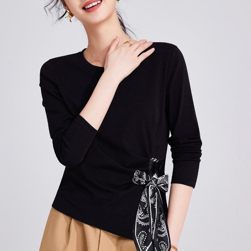 Premium Sense Front Shoulder Long Sleeve Women's Spring and Autumn New Silk Scarf Strap Top T-shirt Women