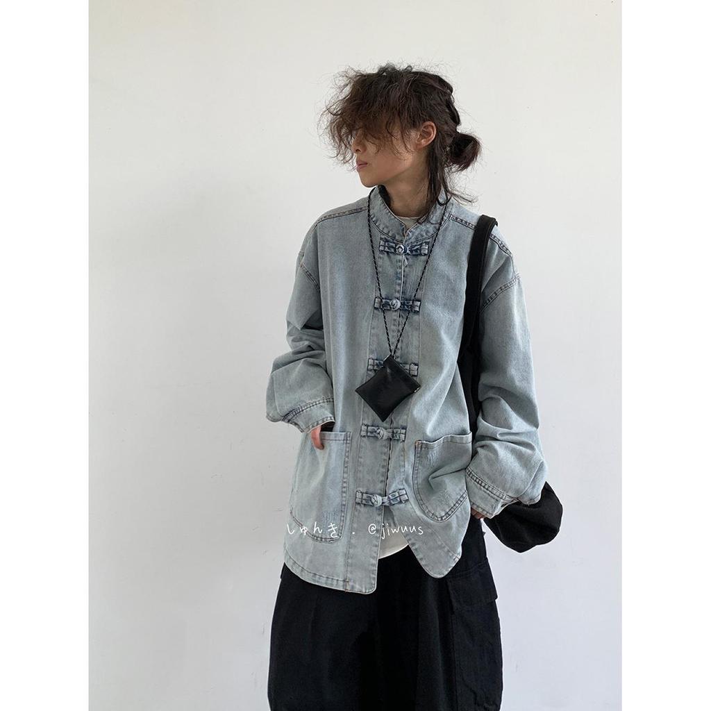 Unisex Retro Frog Button Denim Shirt: Versatile Blue Stand Collar Jacket for Men & Women