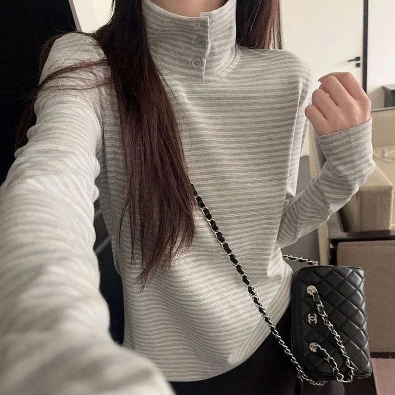 Basic Korean Turn-down Collar T-shirts Autumn Fashion Button Female Clothing Stand Collar Striped Casual Long Sleeve Pullovers