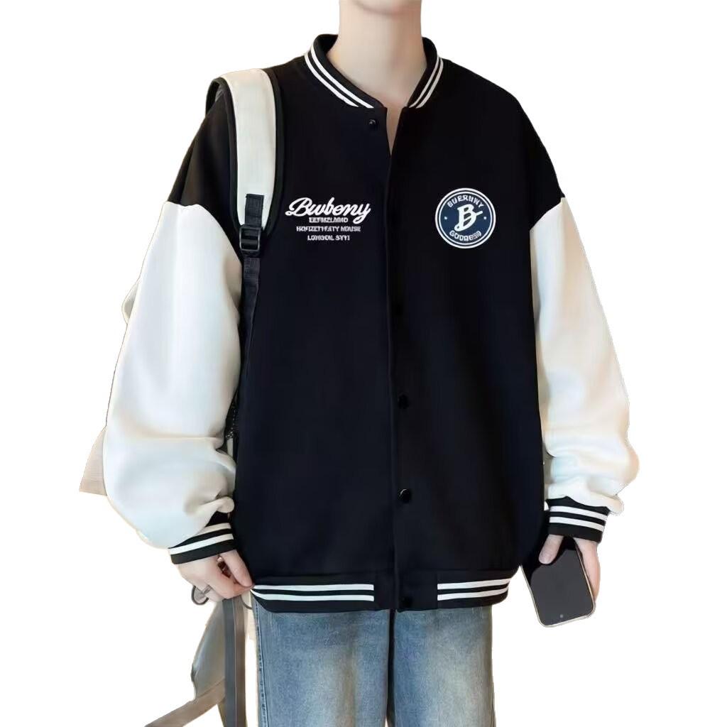 American Size Black & White Trendy Retro Men's Color Block Baseball Jacket for Spring/Summer