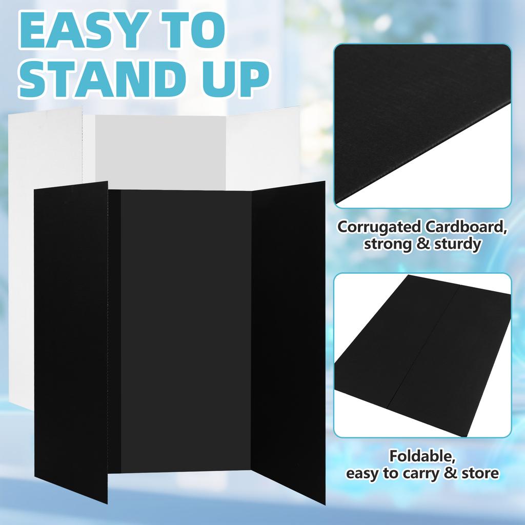 8Pcs Trifold Display Boards Black+White 24X16In Tri Fold Poster Board Hard&Thick White Presentation Cardboard For Classroom Proj