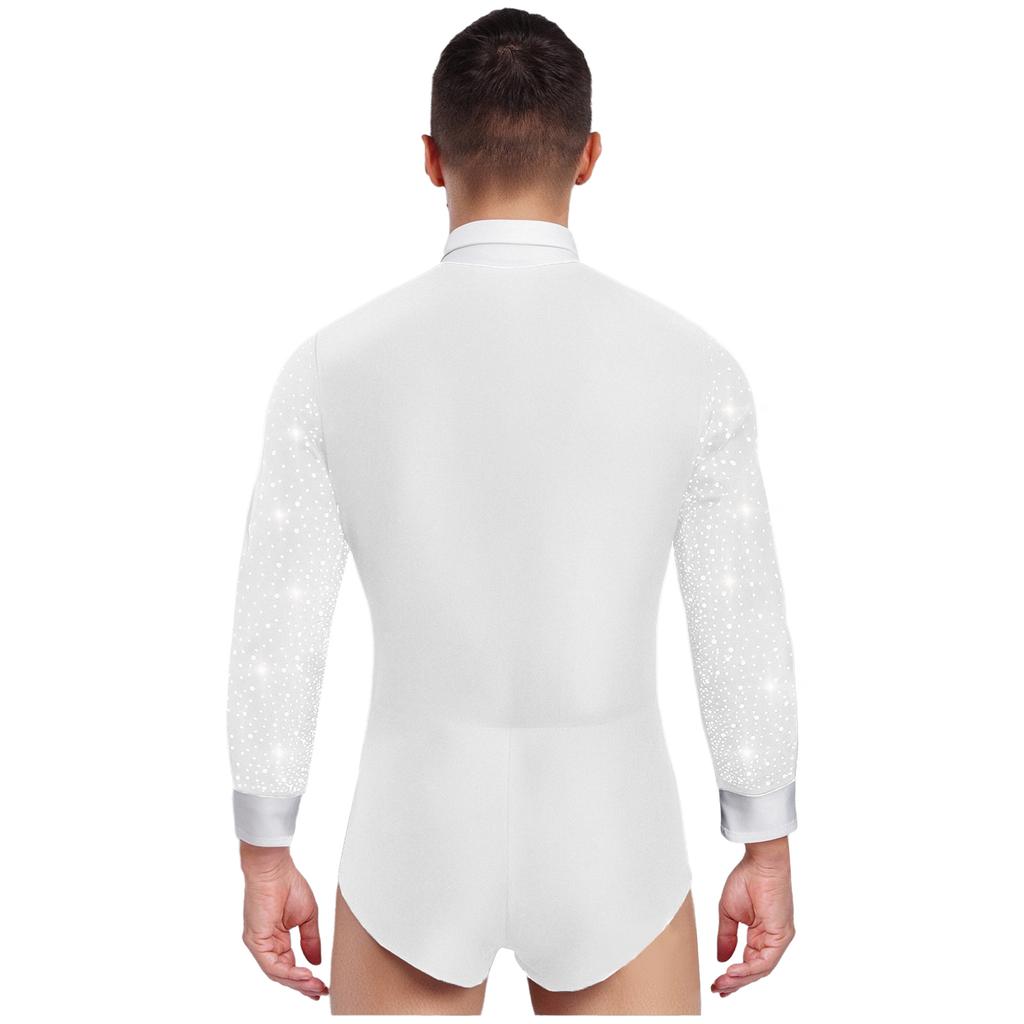 Mens Latin Rumba Ballroom Dance Leotard Long Sleeves Shiny Rhinestones Color Block Bodysuit with Bowtie