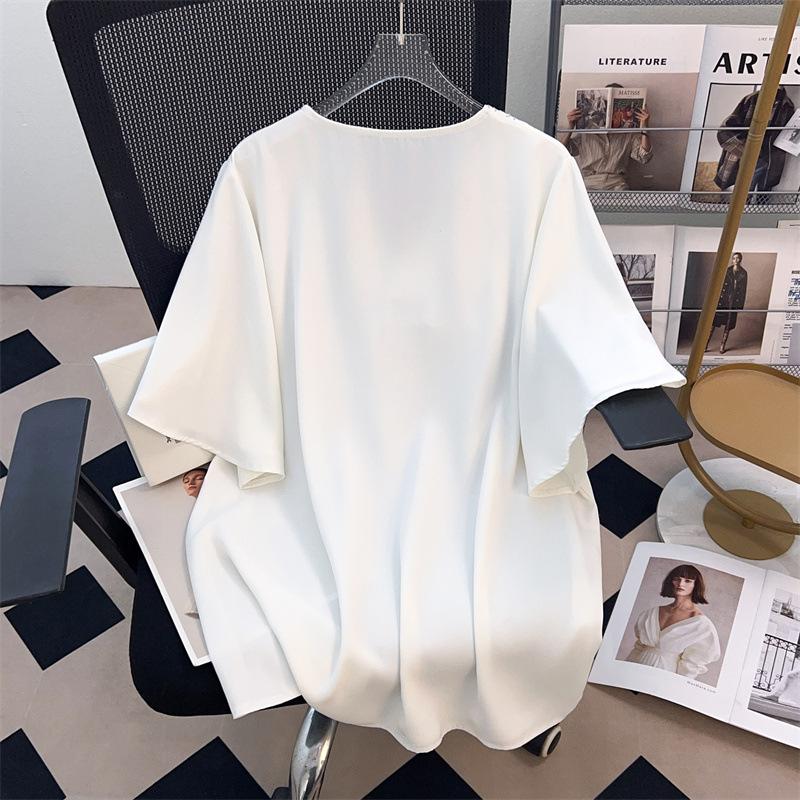 Women's Plus Size V-Neck Chiffon Short Sleeve Mid-Length Loose T-Shirt 