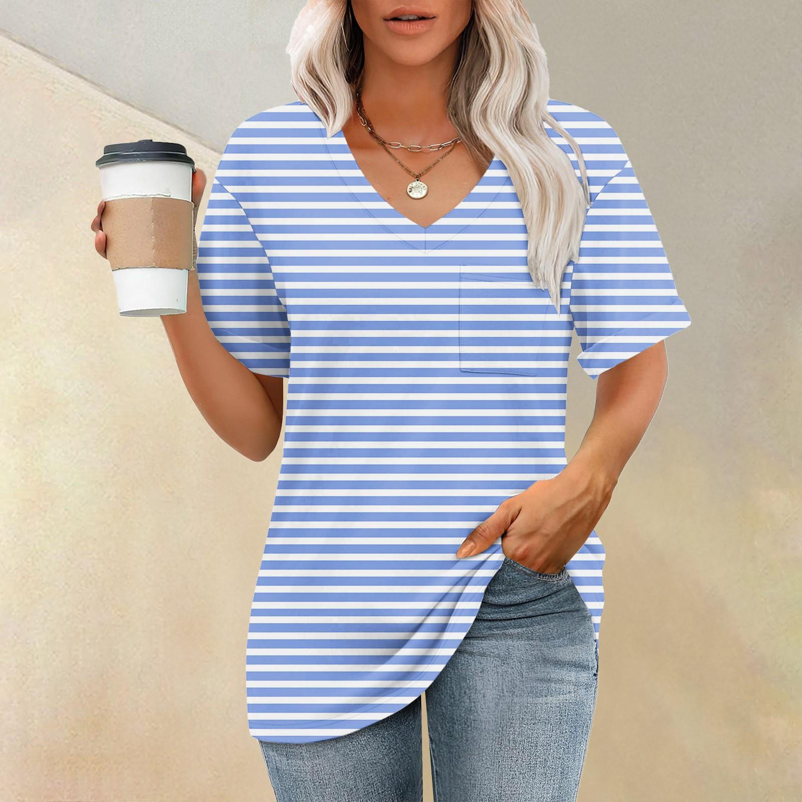 

Модный топ с карманом, V-образным вырезом, коротким рукавом, полосатым принтом, футболка XXL винный