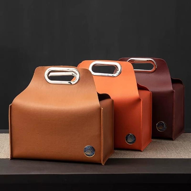 Solid Color Leather Tea Packa Empty Gift Box Longjing Black Teas Single Can Double Can Box Annual Meeting Gifts Earthquake-proof