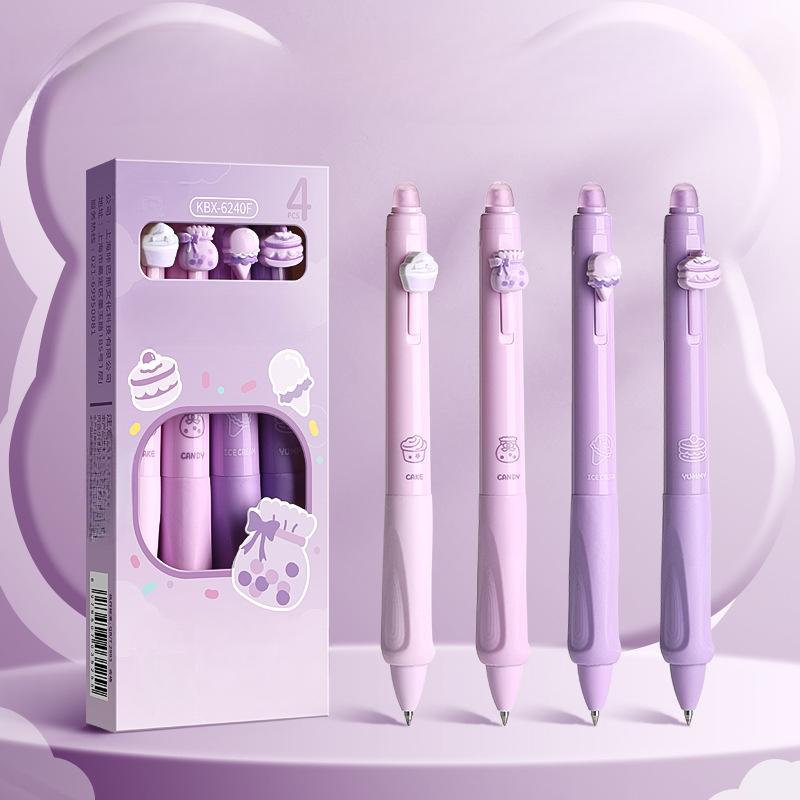 4 Pcs Erasable Pen Neutral Pen Cartoon Sleeve Button Pen Upright Posture Thermal Eraser High Aesthetic Value Press Protection