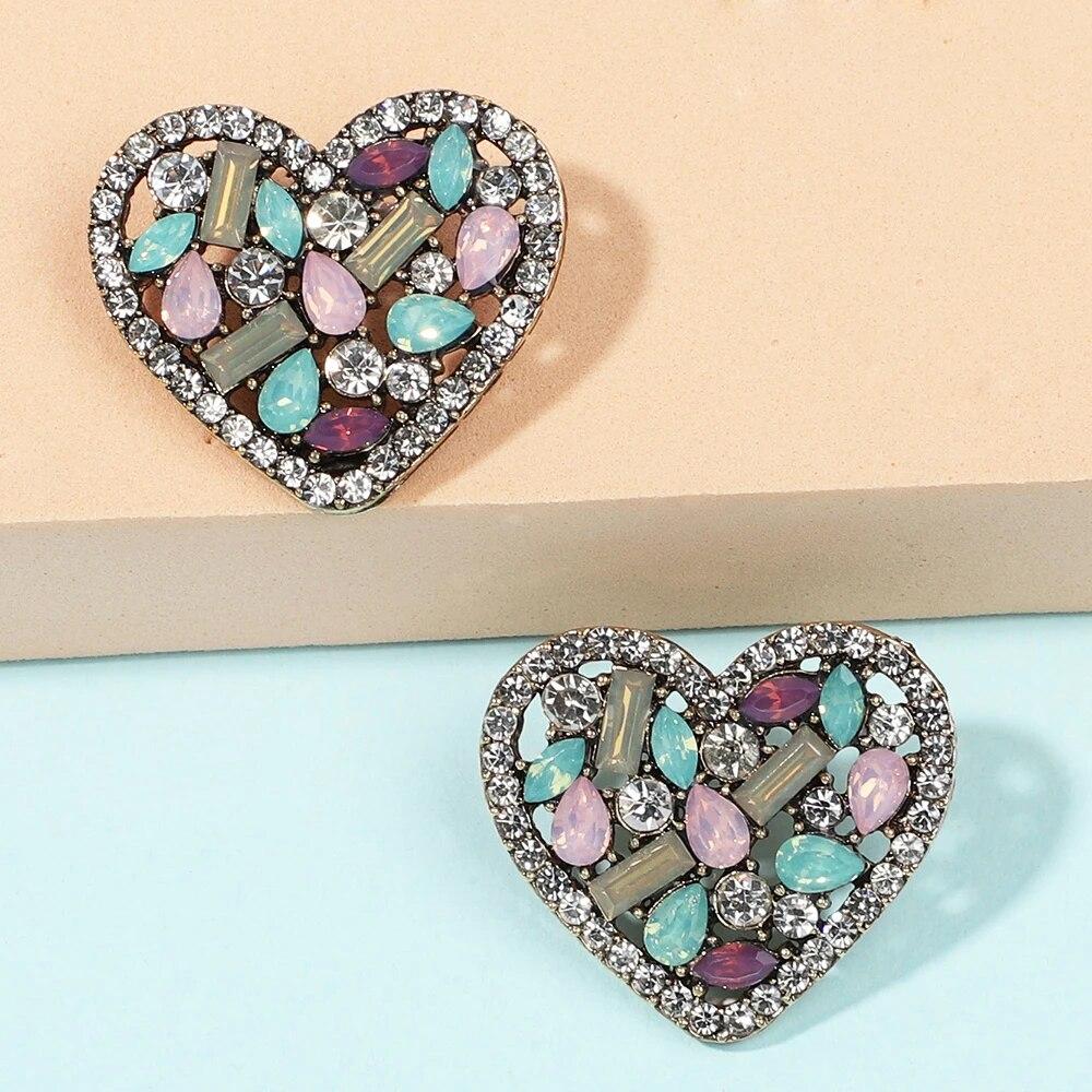 Korean Fashion Heart Metal Hollow Stud Earrings For Women Girl Luxury Bling Color Crystal Party Jewelry Aesthetic Accessories