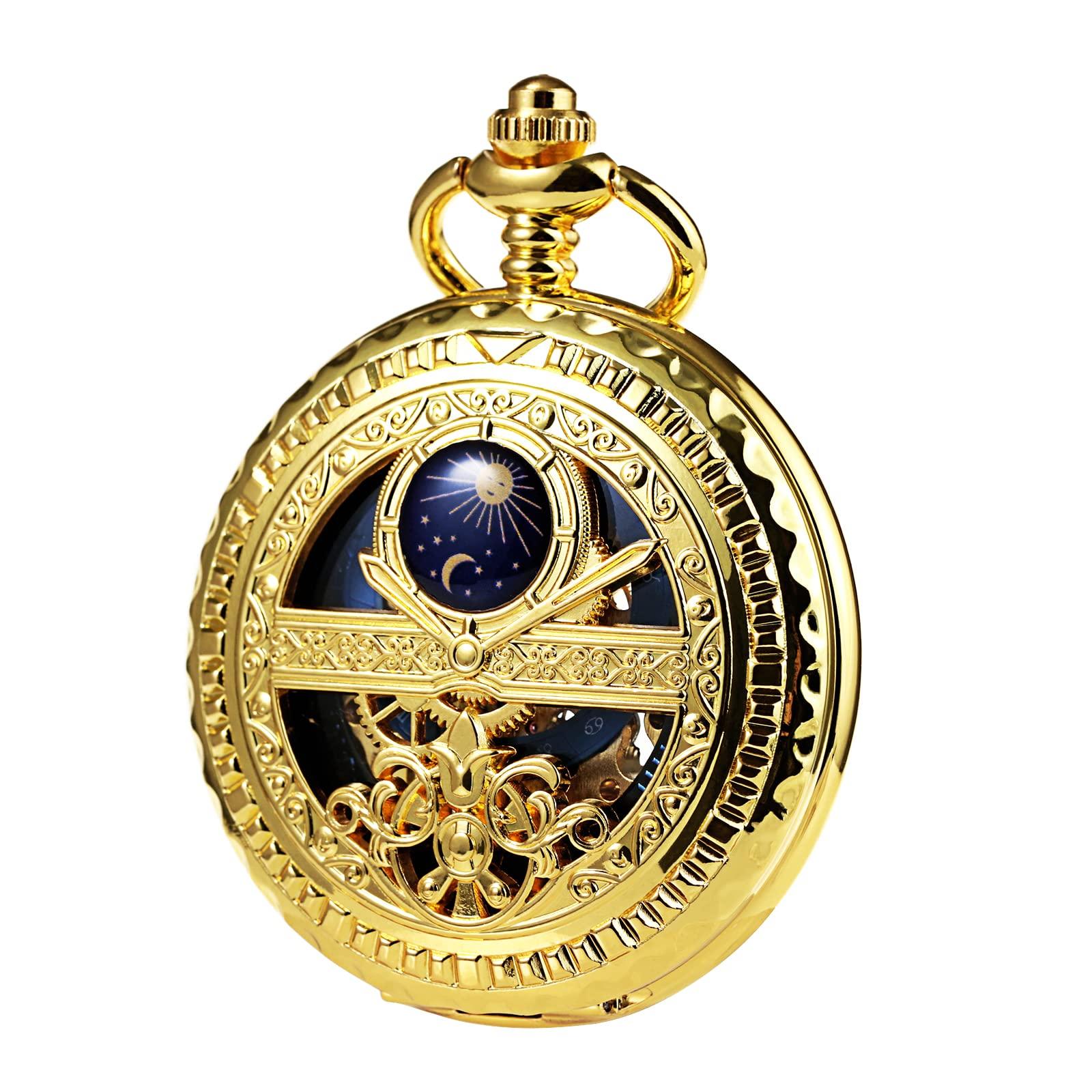 

TREEWETO Mechanical Pocket Watch, Gold, Roman Numerals, Moon and Sun Design, with Chain and Gift Box
