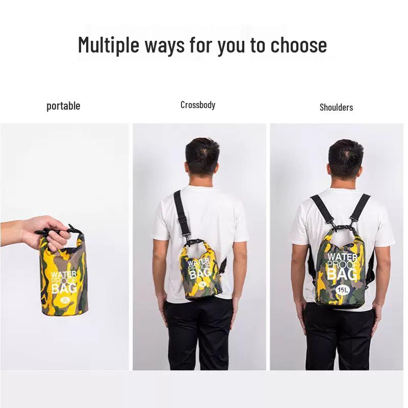 Versatile Waterproof Outdoor Camouflage PVC Bucket Bag for Hiking, Rafting, Swimming – Large Capacity, Portable.