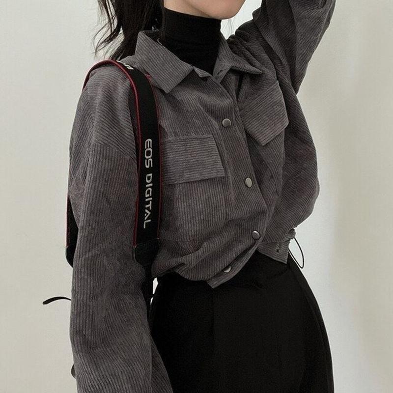 Rimocy Chic kapsy Dlouhý rukáv zkrácená halenka pro ženy Manšestrová Krátká bunda se stahovací šňůrkou Korejské divoké jednobarevné kabáty