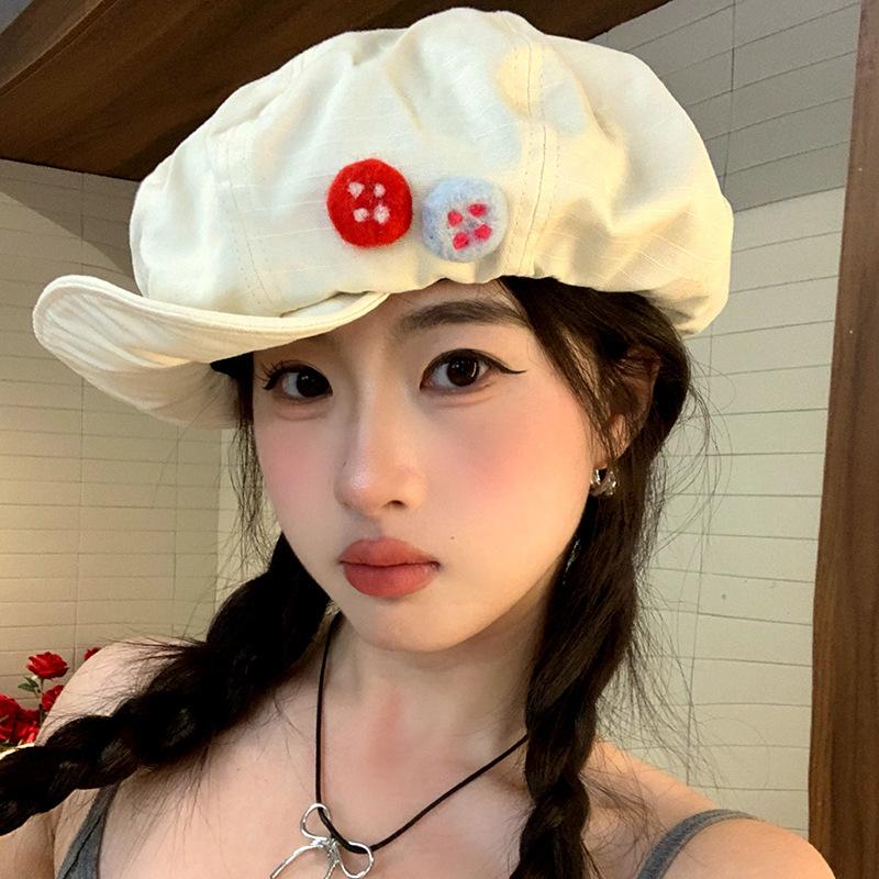 One Hat and Five Wearing Retro Cotton and Linen Octagonal Cloud Hat Summer Color Button Forward Hat Show Face Small Beret