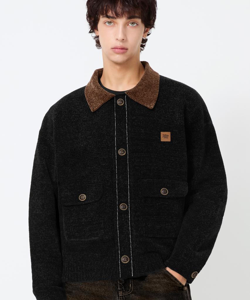 TRILLION Leather Patchwork Velvet Cardigan Knit_Black