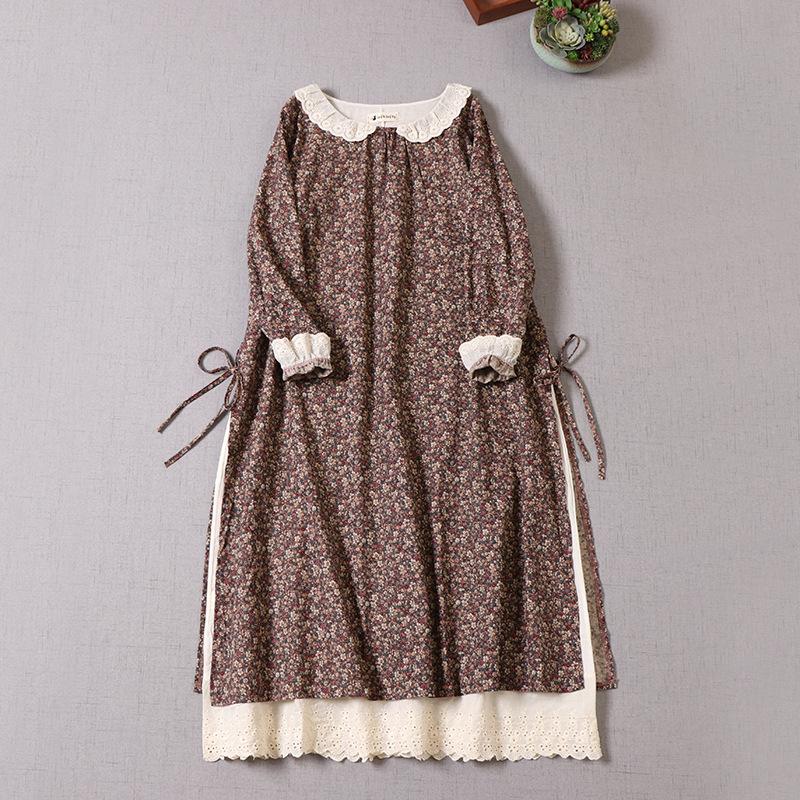 

Японское платье Mori Girl на весну и осень, женское хлопково-льняное платье с воротником Питера Пэна, ретро-платье с цветочным принтом, элегантное винтажное платье с вышивкой One Size