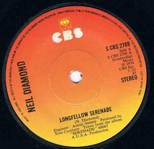 

7inch Record NEIL DIAMOND - Longfellow Serenade SCBS2769 CBS 1974 UK Rock Used