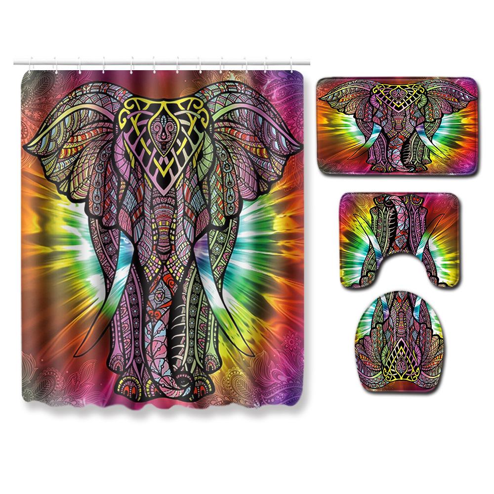 Elephant Lion Animal Shower Curtain Floor Mat Combination Set Toilet Carpet Shower Room Mat Foot Mat