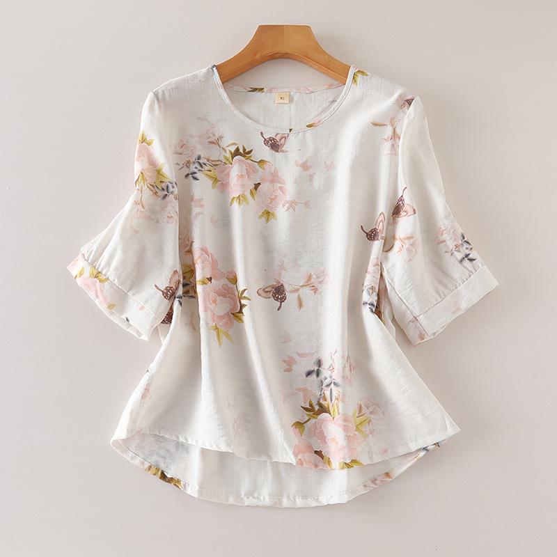 Chinese Style Tencel Cotton Short-Sleeved Top: Soft, Comfortable, and Breathable Pajamas for Middle-Aged and Elderly Women