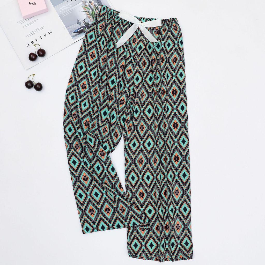 Women's Cotton-Silk Cartoon Pajama Pants, Summer Thin, Black & White Wide-Leg, Plus Size, Outdoor Beach Wear.