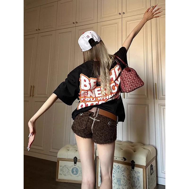 

Guochao High Street Heavy T-Shirt Women s Summer Letter Printing Cotton Short Sleeve Oversize Half Sleeve T-Shirt ins M